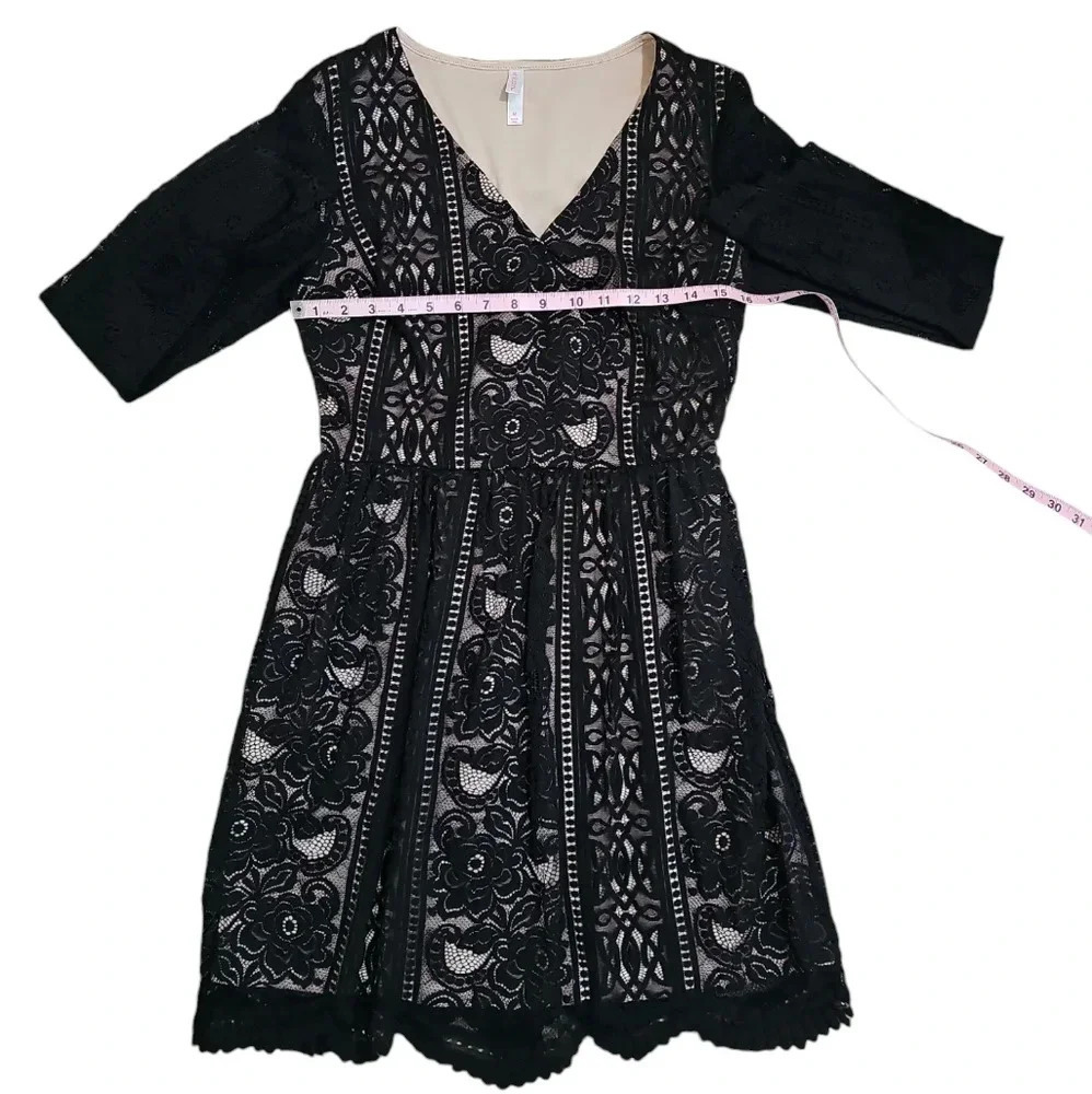 Xhilaration Womens M Black Lace Faux Wrap Dress Nude Lining Goth Whimsy Cottage - Picture 6 of 7